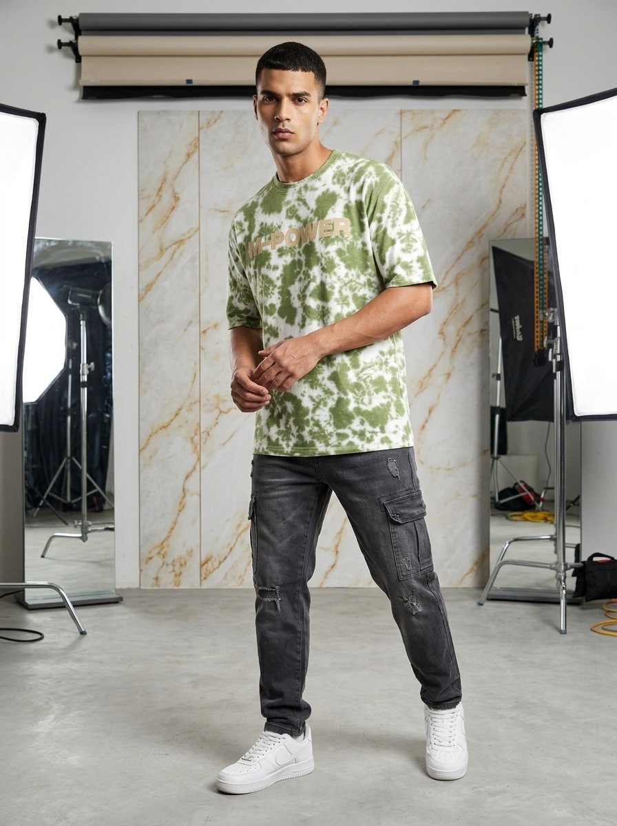 M-Power Olive Tie-Dye Oversized Tee model wearing